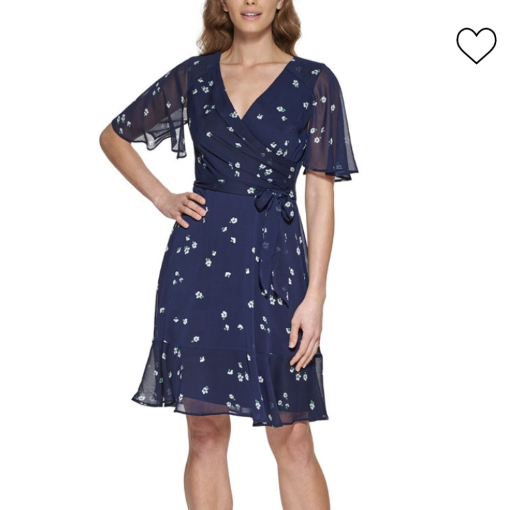 DKNY printed flutter sleeve faux wrap dress
